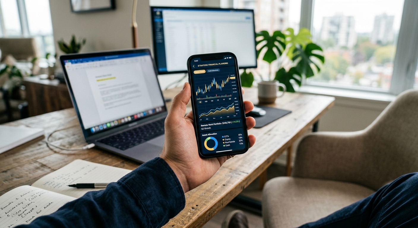 Mão segurando smartphone exibindo gráficos financeiros em um ambiente de trabalho moderno, simbolizando planejamento estratégico.