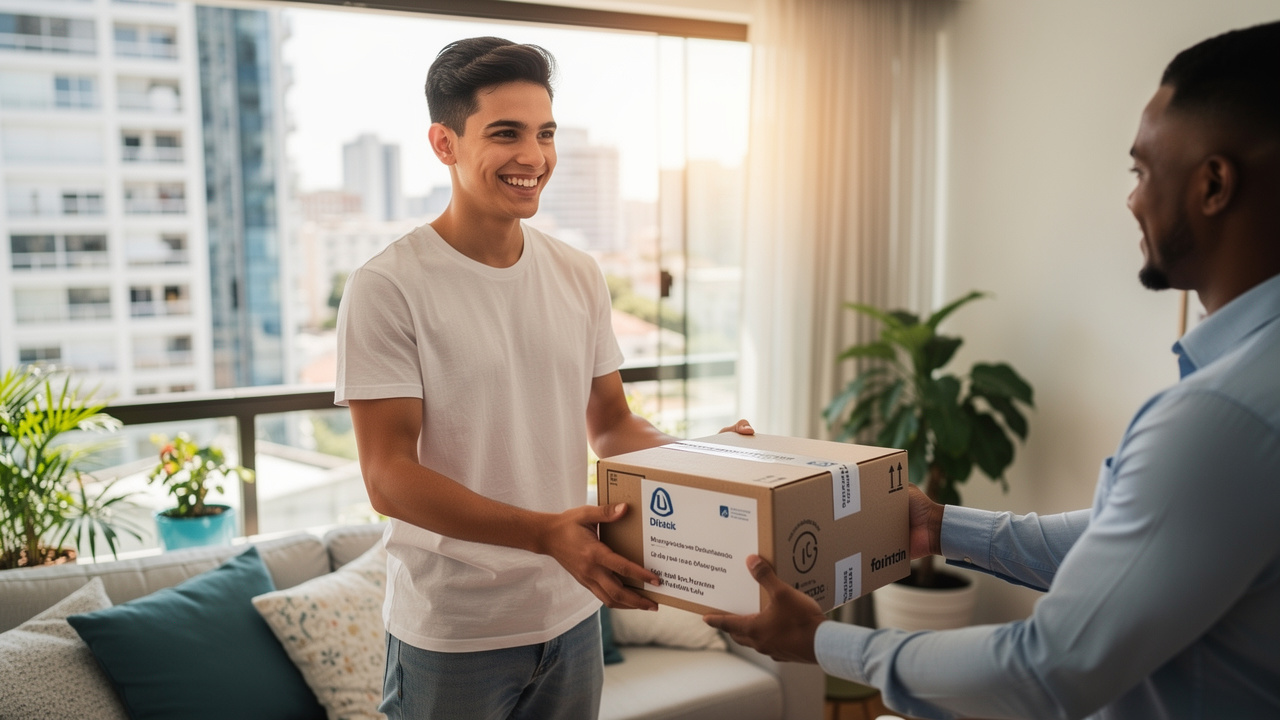 Cliente satisfeita recebendo produto bem embalado em casa com luz natural
