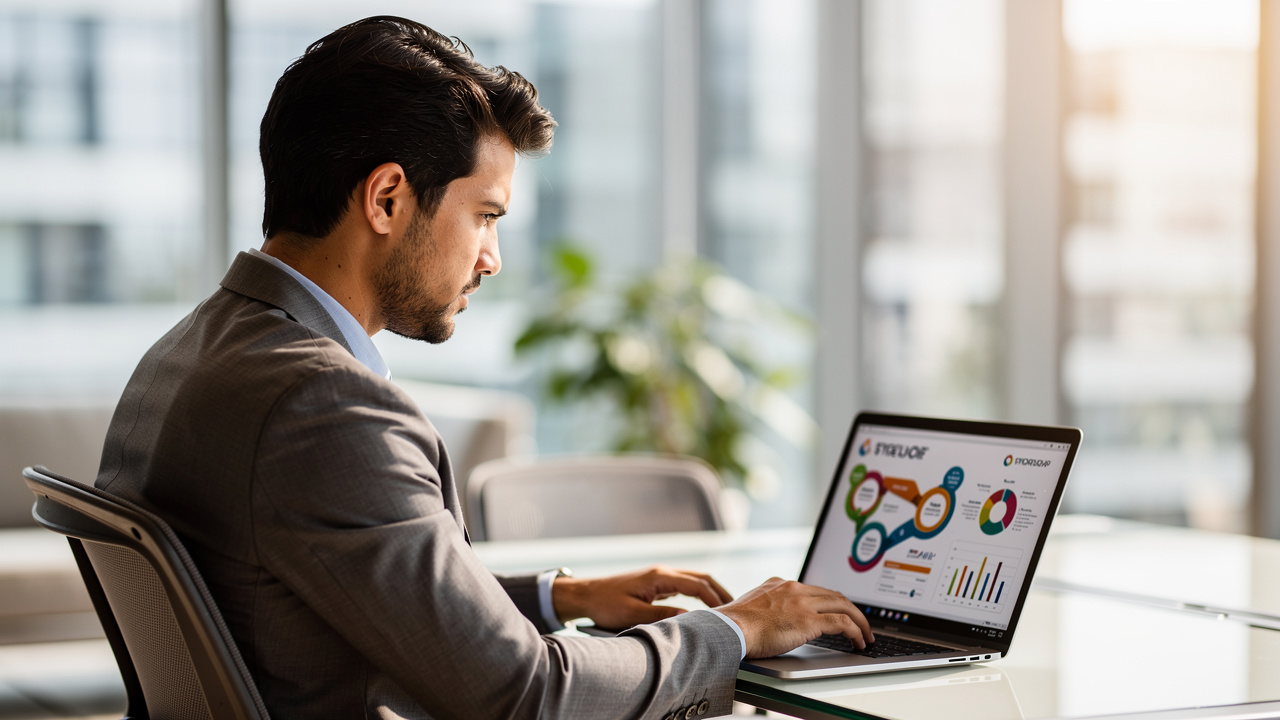 Empreendedor brasileiro analisando estratégia de marca em laptop em escritório moderno