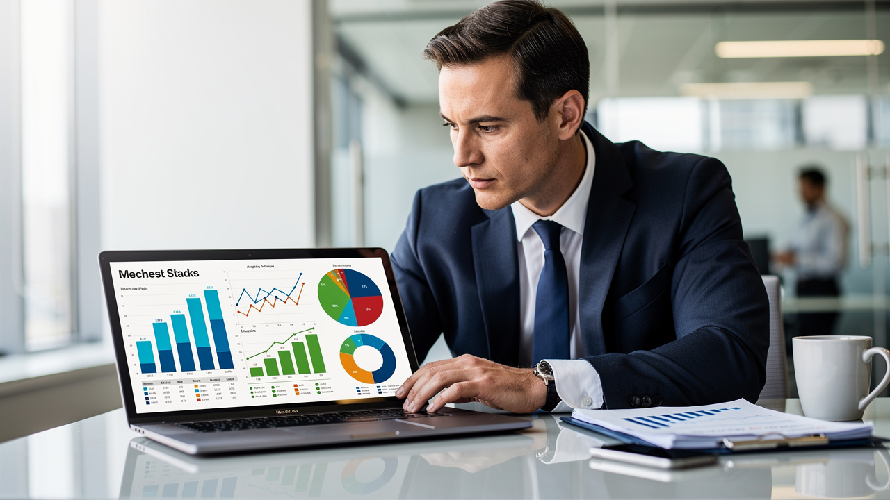 Gestor analisando gráficos de dados em laptop em escritório moderno com luz natural