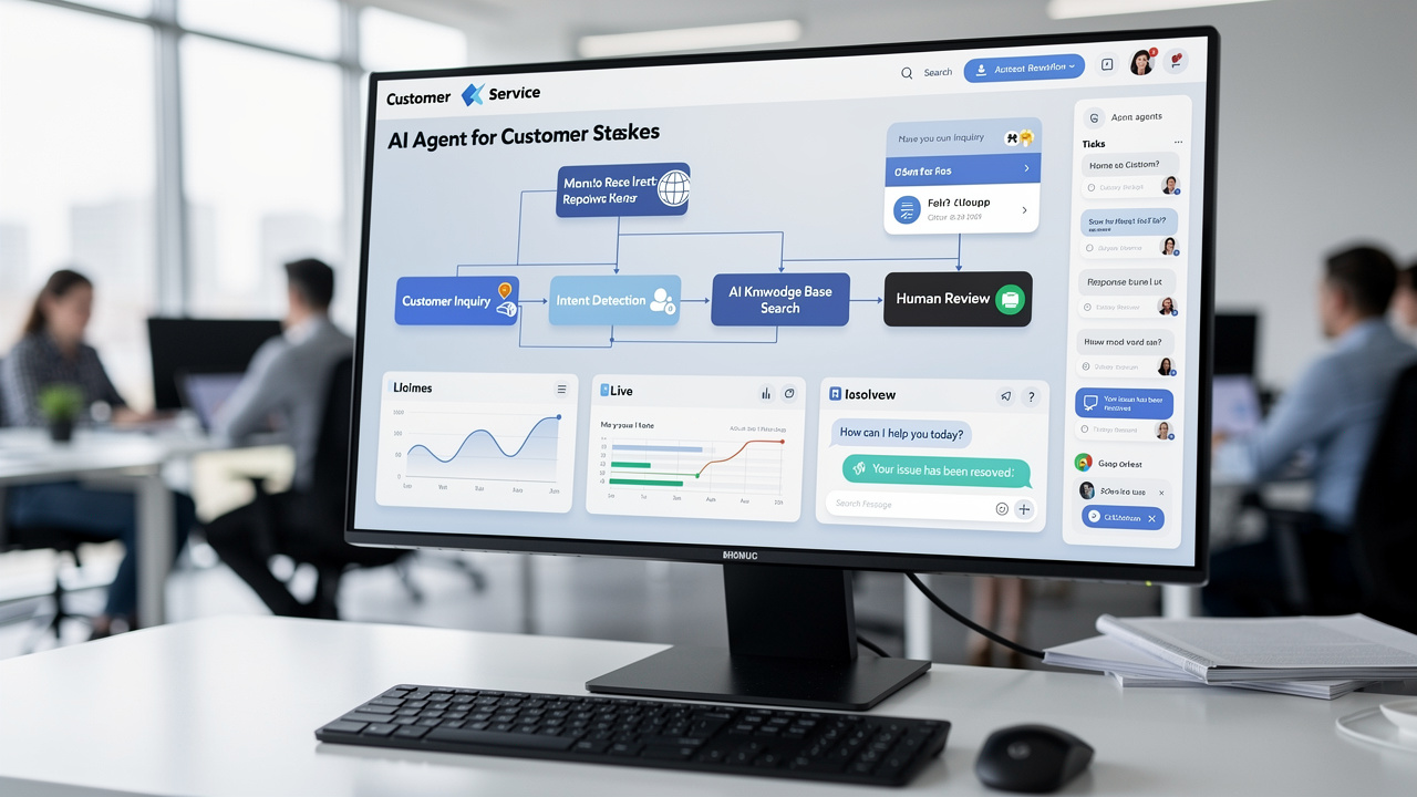 Painel digital mostrando agente de IA automatizando tarefas de atendimento ao cliente em escritório