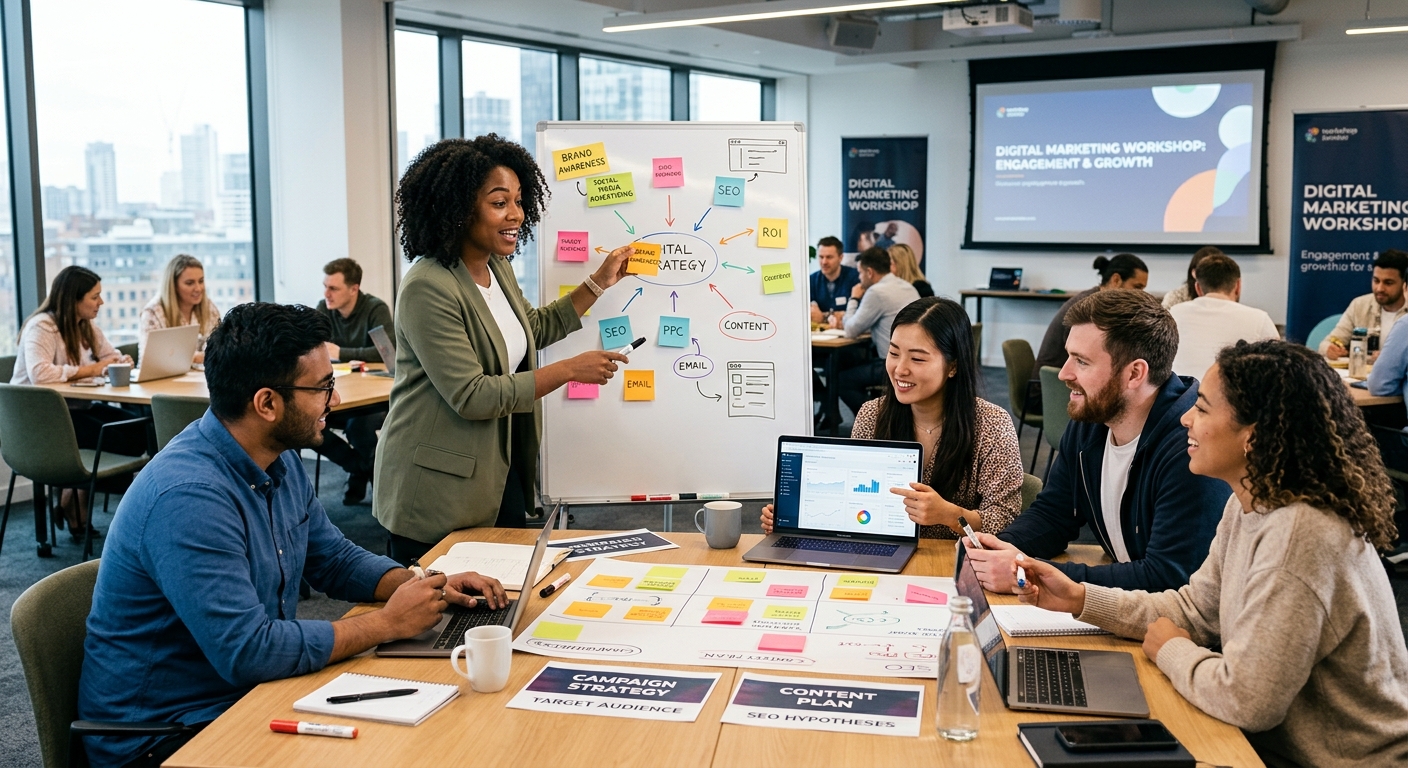 Oficina de marketing digital com jovens profissionais aprendendo juntos em ambiente colaborativo