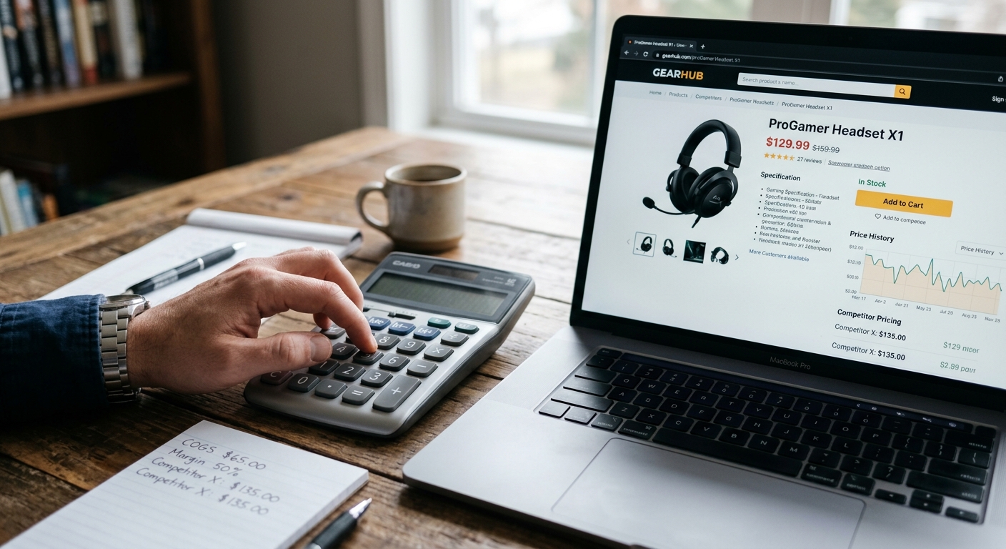 Mão usando calculadora ao lado de um notebook com página de produto, simbolizando a estratégia de precificação inteligente.