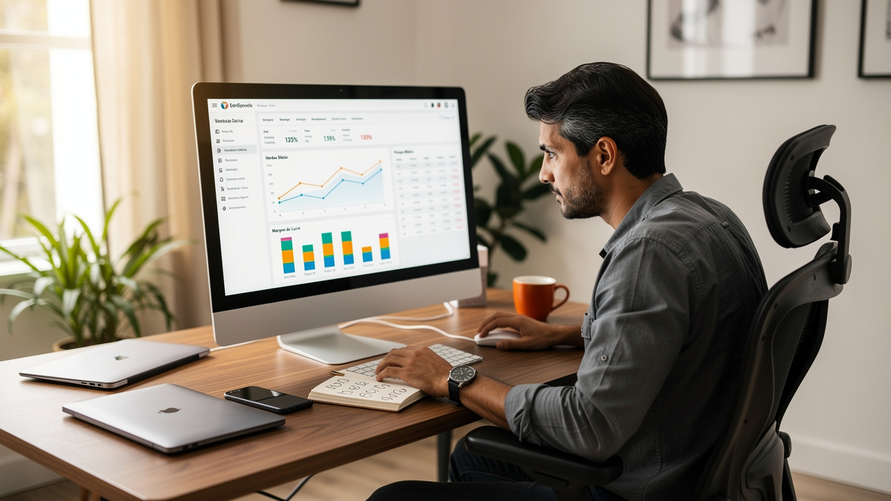 Empreendedor brasileiro analisando dados de produtos e gráficos de preços no computador