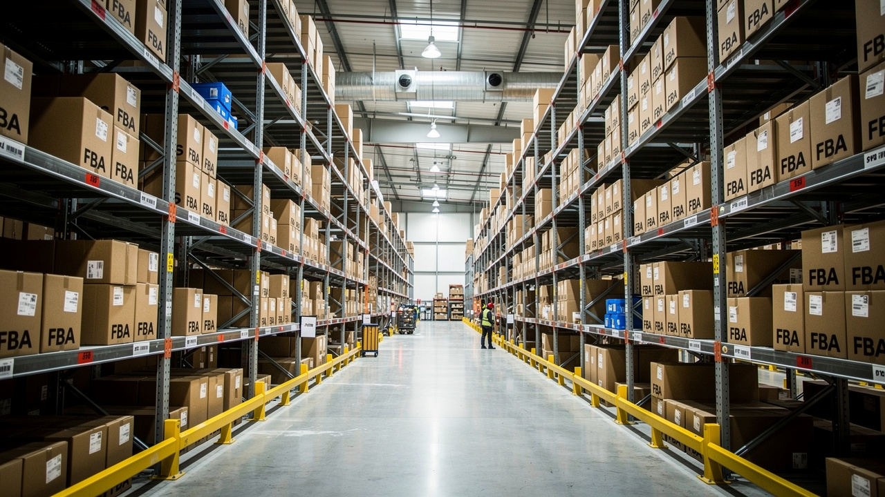 Prateleiras de armazém Amazon FBA com caixas organizadas em centro de distribuição