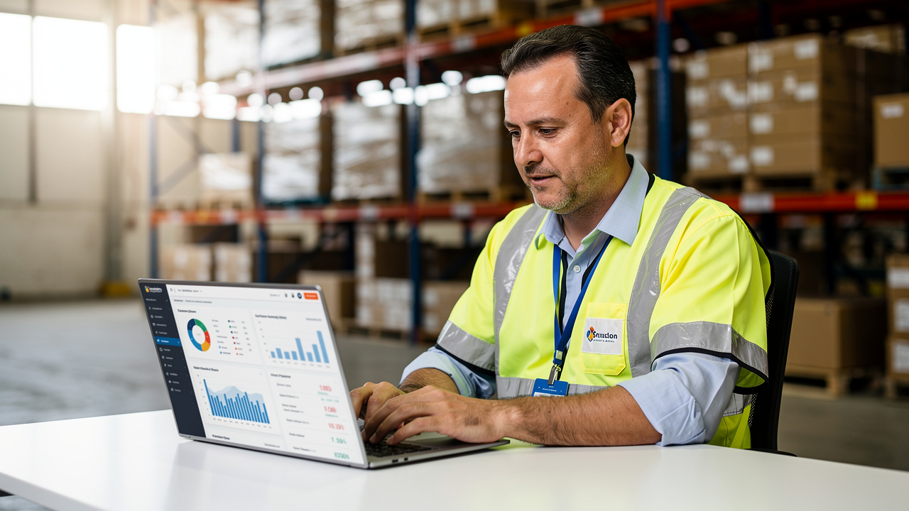 Gerente industrial analisando painel de ecommerce em laptop dentro de galpão logístico