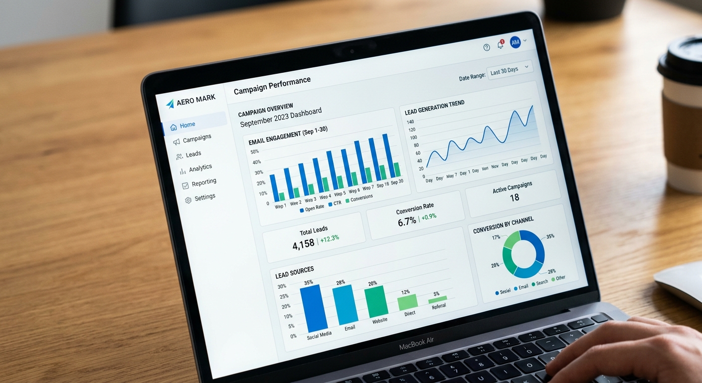 Tela de um notebook exibindo um painel de automação de marketing com gráficos e dados.