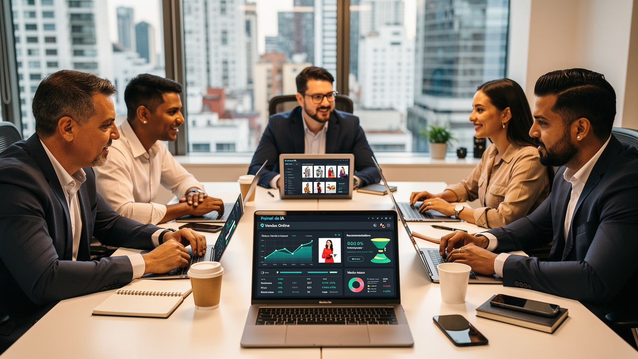 Equipe de gestores de e-commerce colaborando com dashboards de inteligência artificial em laptops