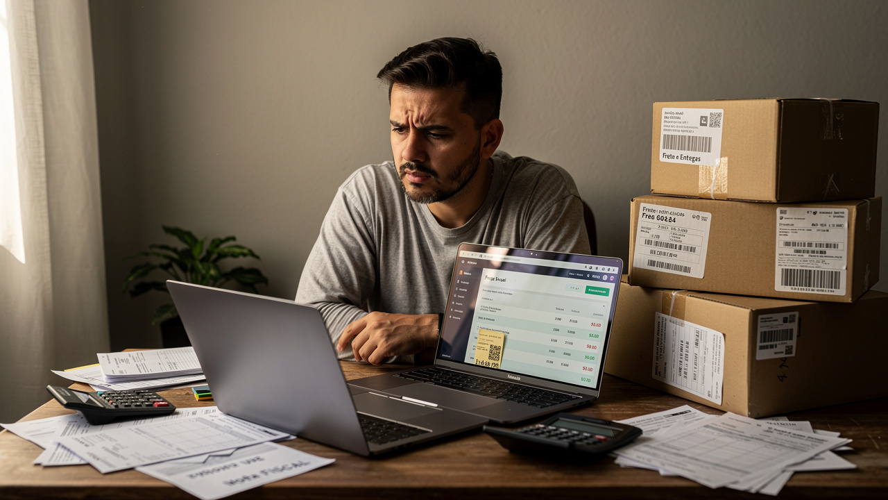 Lojista brasileiro analisando custos de frete no laptop com caixas e notas fiscais sobre a mesa