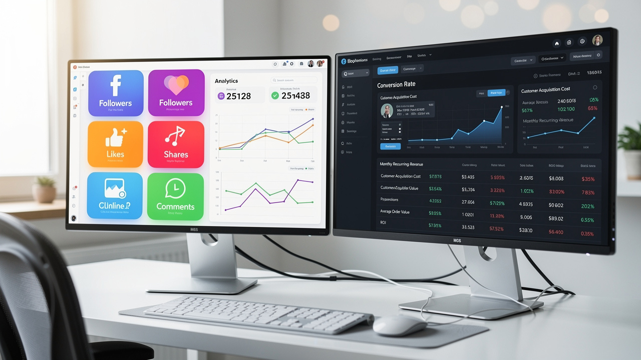 Comparação entre dashboard de métricas de vaidade e painel de KPIs reais em escritório moderno
