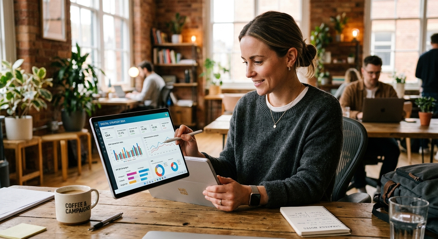 Profissional de marketing analisando dados em um tablet em ambiente de trabalho casual
