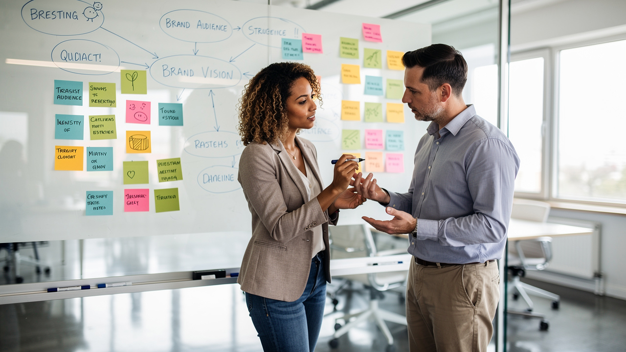 Dois profissionais discutindo estratégia de marca em quadro branco com post-its
