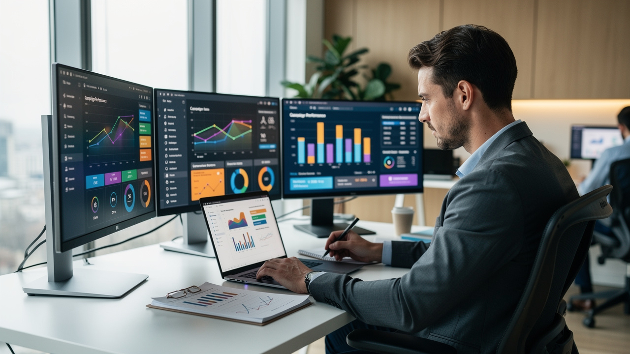 Profissional de marketing analisando dashboards de analytics em escritório moderno