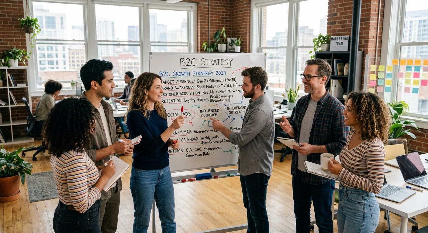 Equipe de marketing em escritório moderno discutindo estratégias B2C em um quadro branco