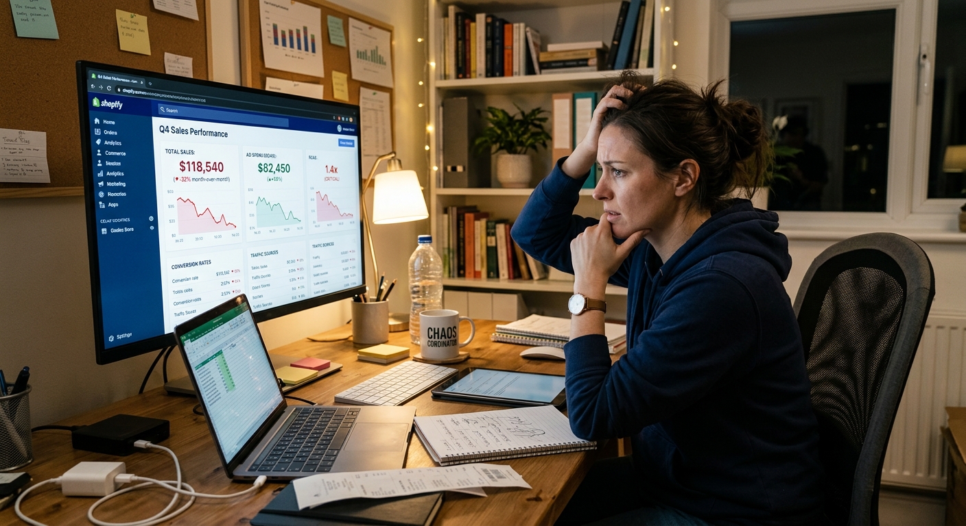 Gestor de e-commerce preocupado analisando um painel com gráficos de vendas em queda e altos gastos com anúncios.