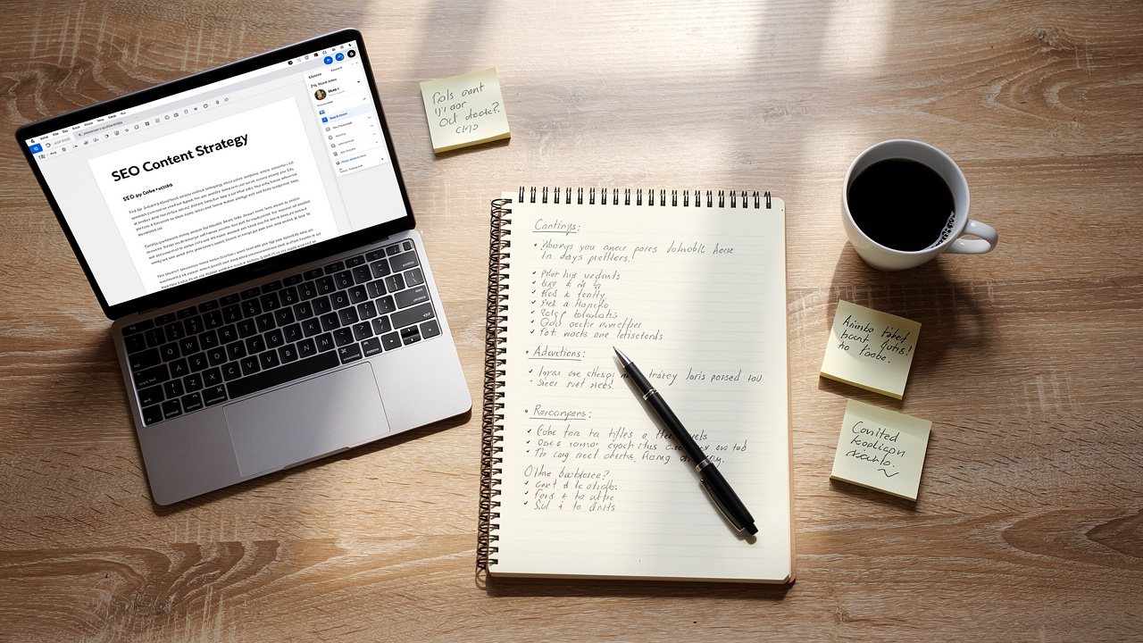 Planejamento de conteúdo perene com caderno, laptop com rascunho de artigo e xícara de café