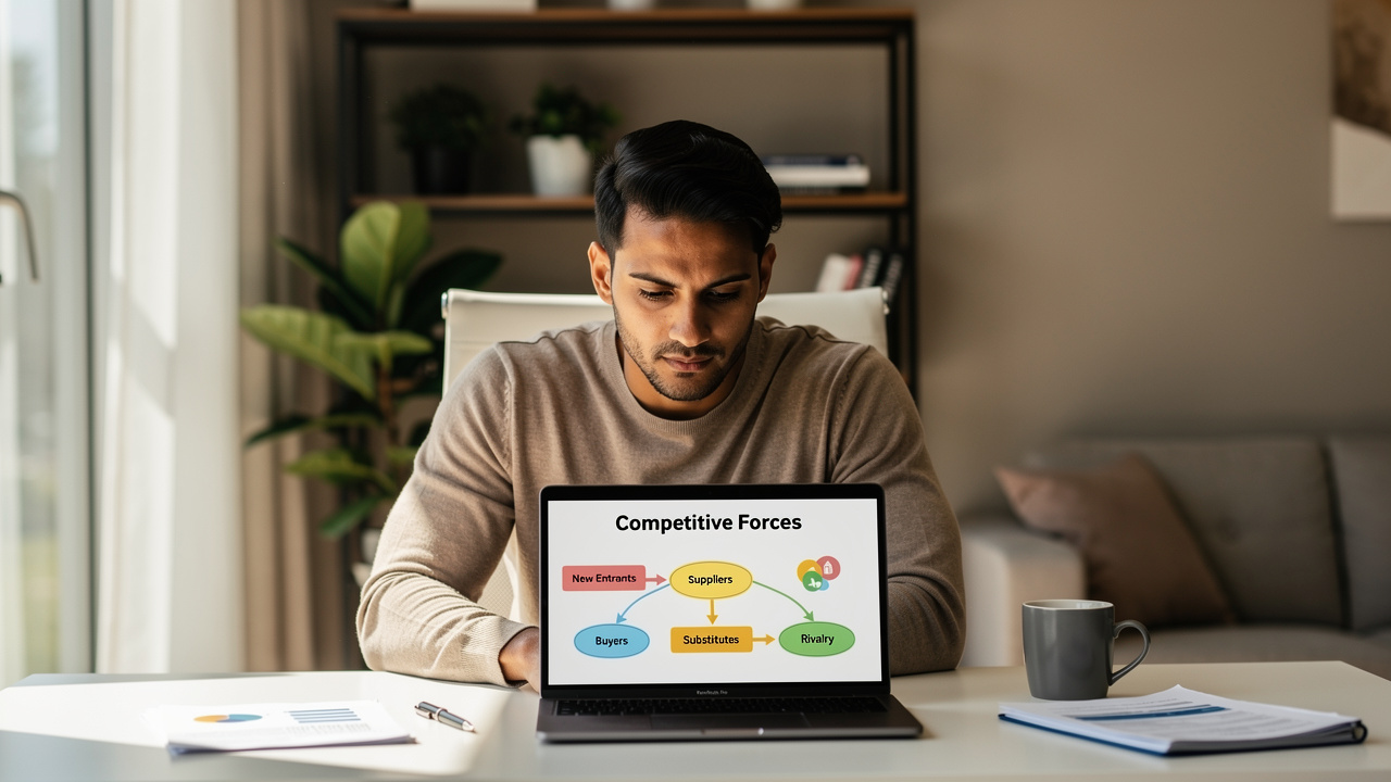Empreendedor analisando diagrama de forças competitivas de Porter em escritório doméstico