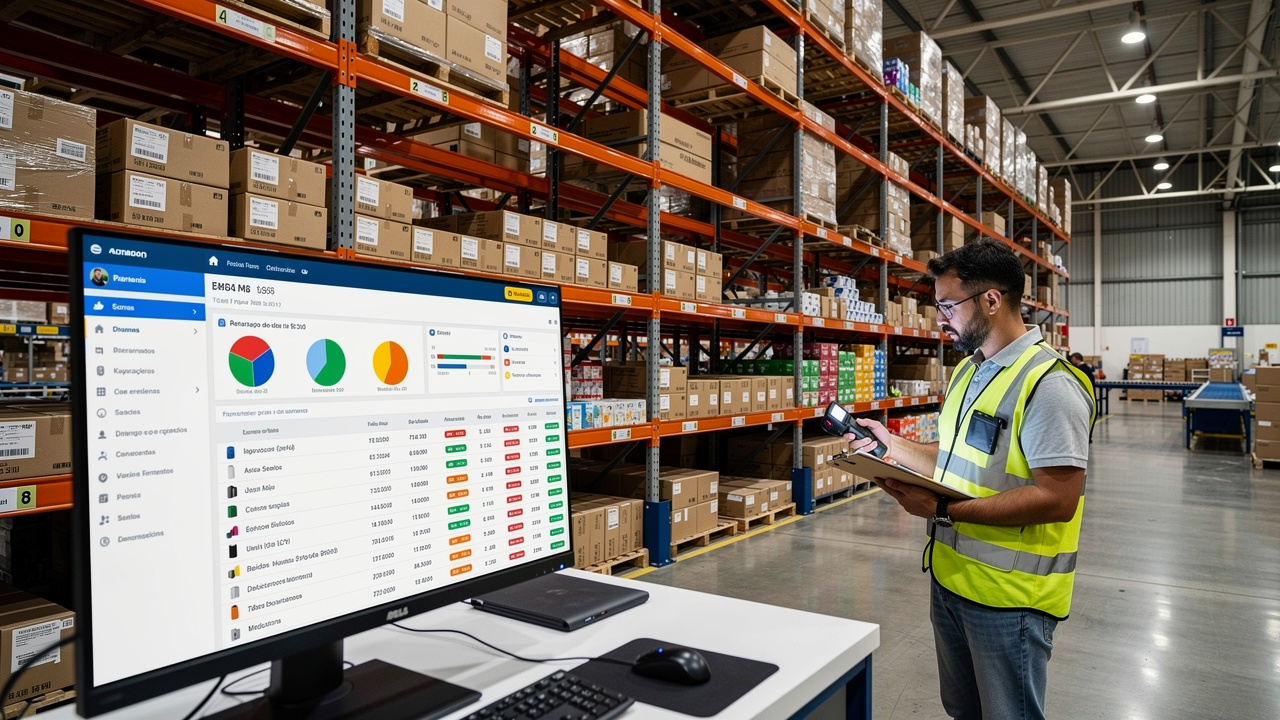 Funcionário verificando estoque em armazém de e-commerce com sistema de gestão organizado