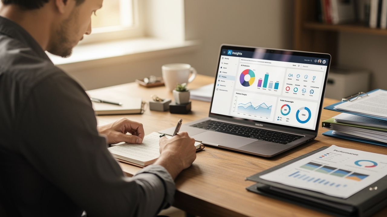 Empresário escrevendo política de uso de IA em mesa com notebook exibindo painel de automação