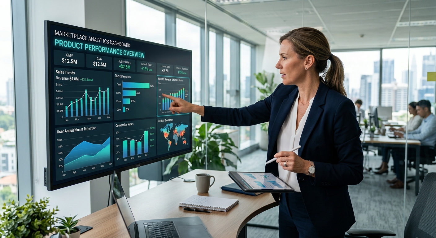 Líder de e-commerce analisando dados de produtos em dashboard com métricas de marketplace