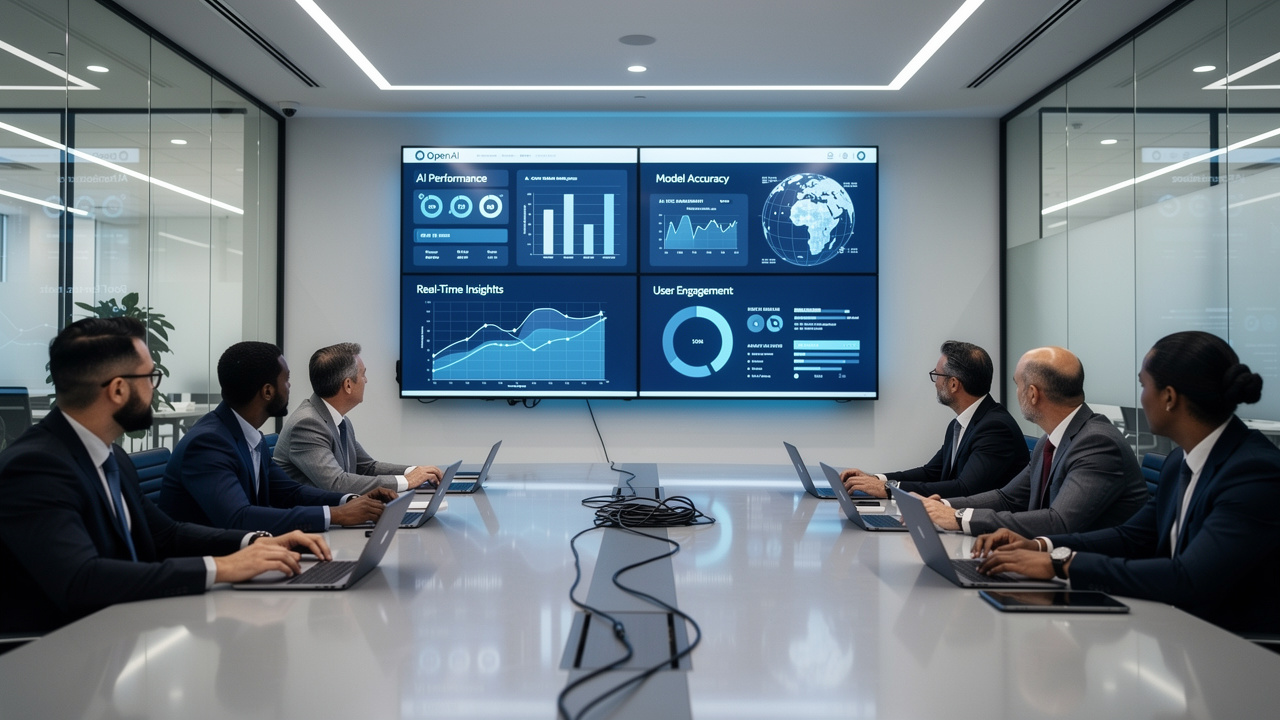 Executivos assistindo apresentação de painel de inteligência artificial da OpenAI em sala corporativa