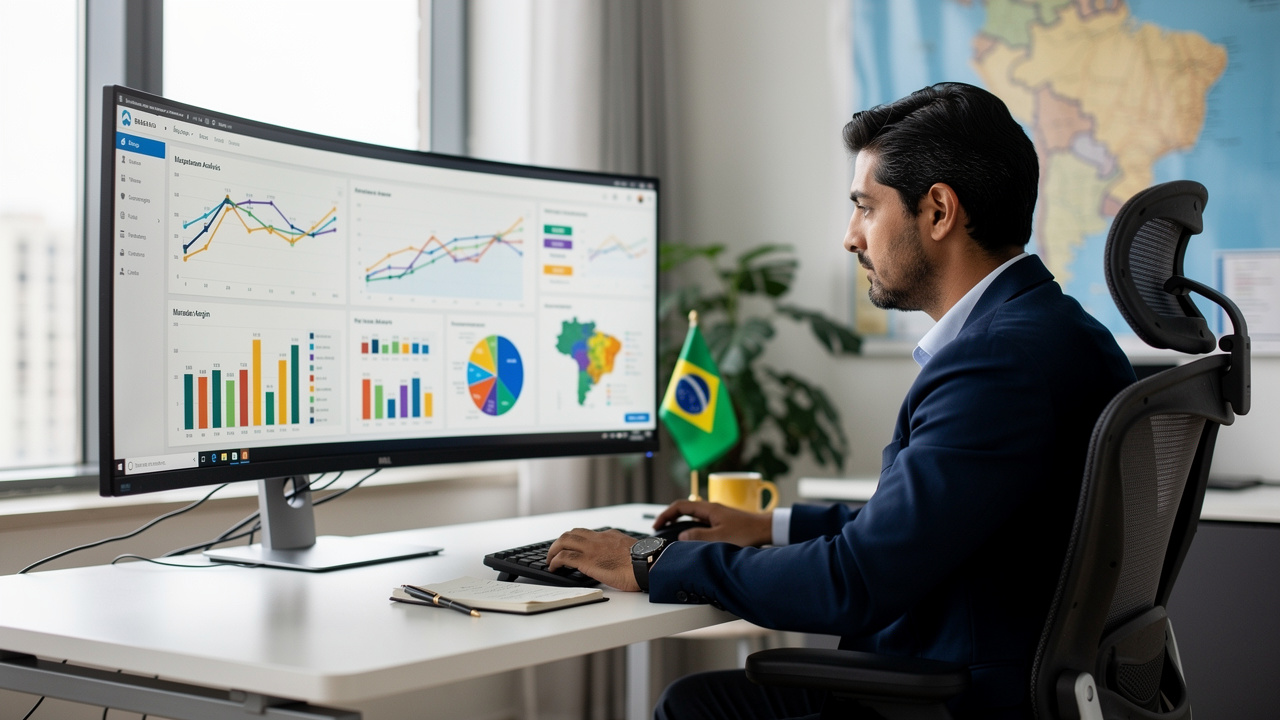 Empreendedor analisando dados de produtos em dashboard com gráficos de vendas, margens e tendências
