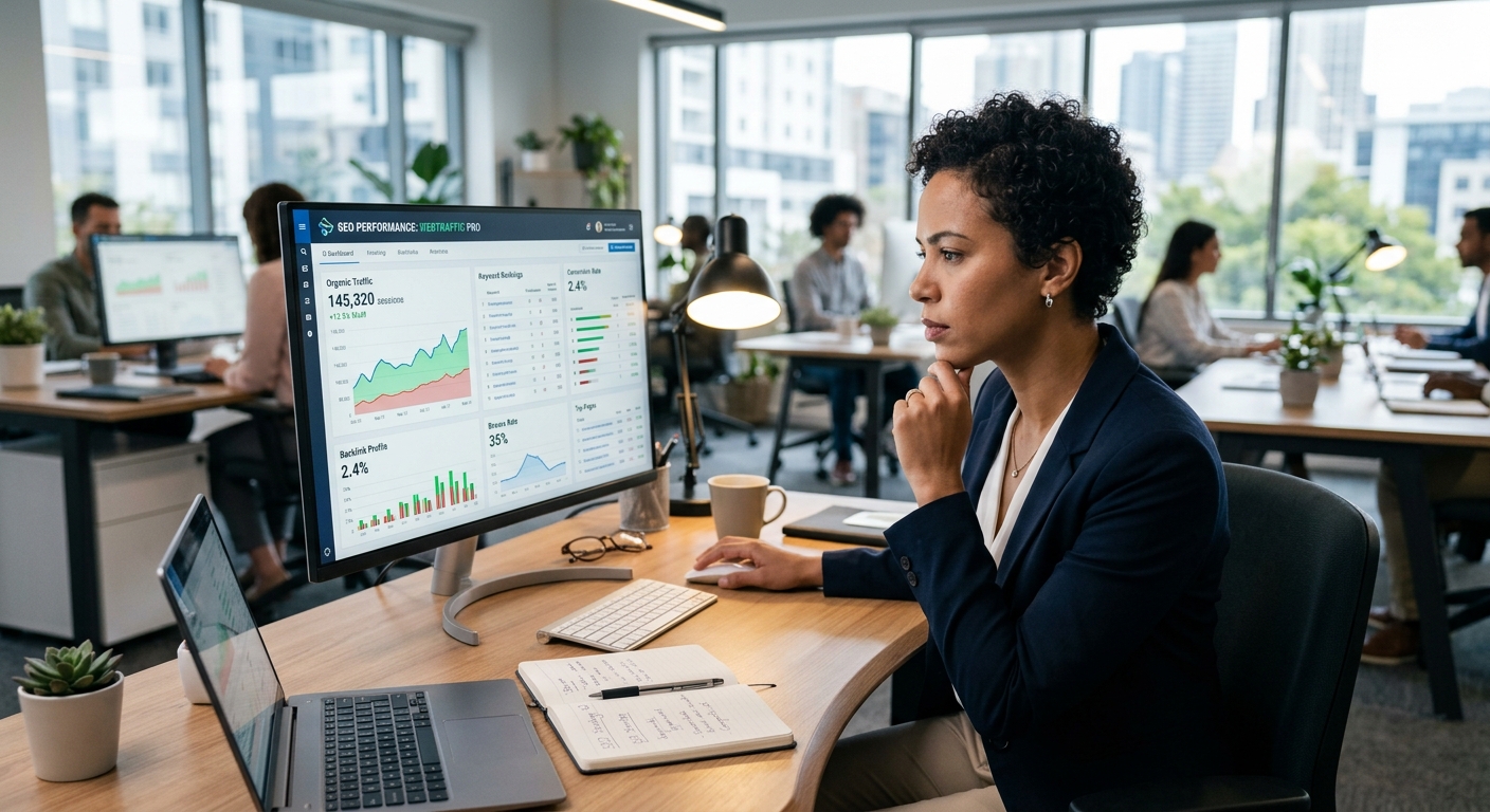 Profissional de marketing digital analisando um painel de performance de SEO em um computador.