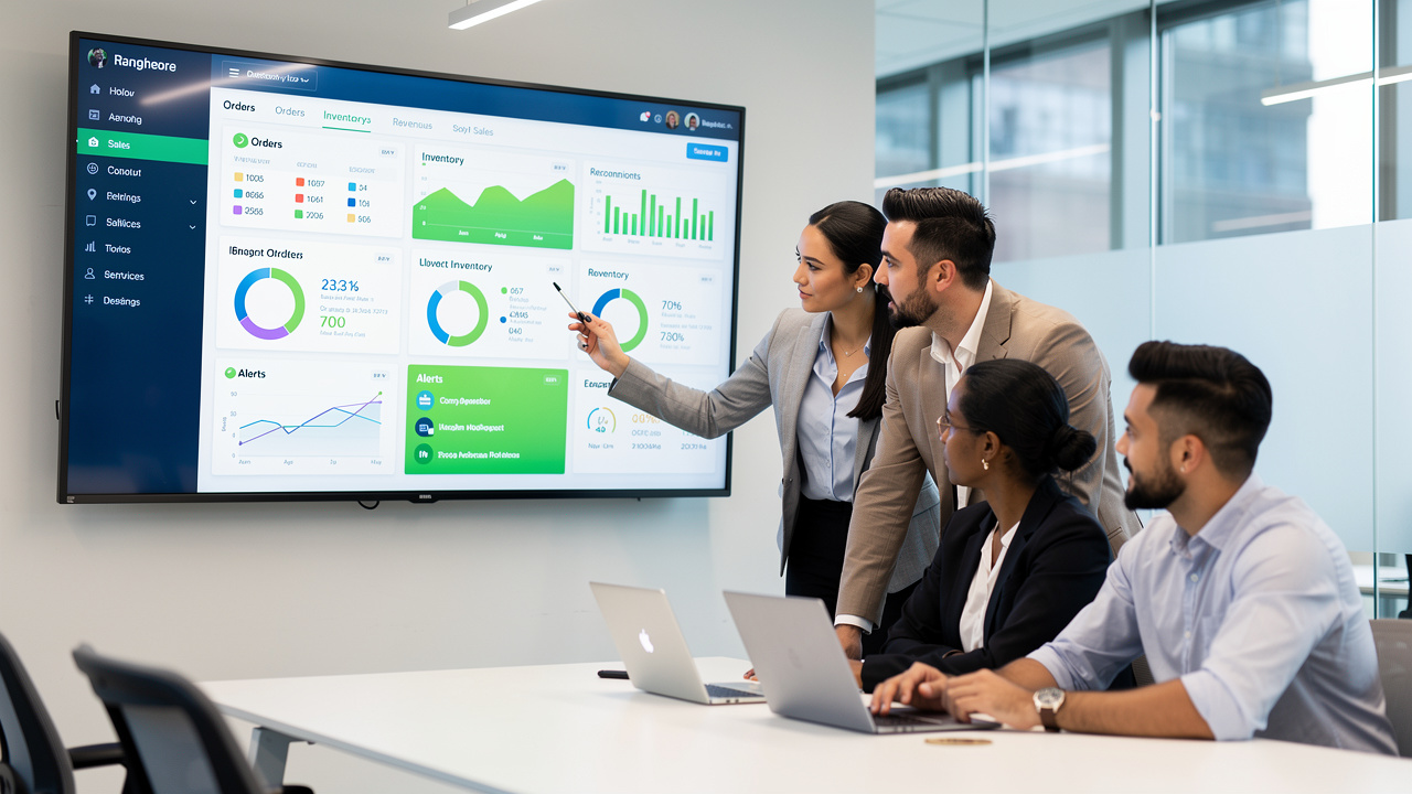 Equipe de e-commerce analisando painel digital com métricas de pedidos e estoque em escritório moderno