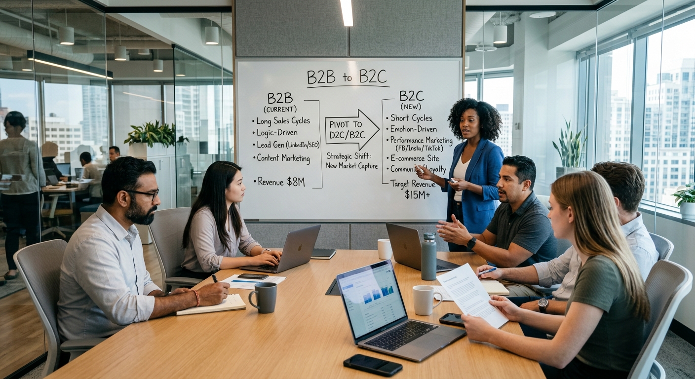 Equipe de marketing em reunião estratégica planejando a transição do modelo B2B para o varejo B2C