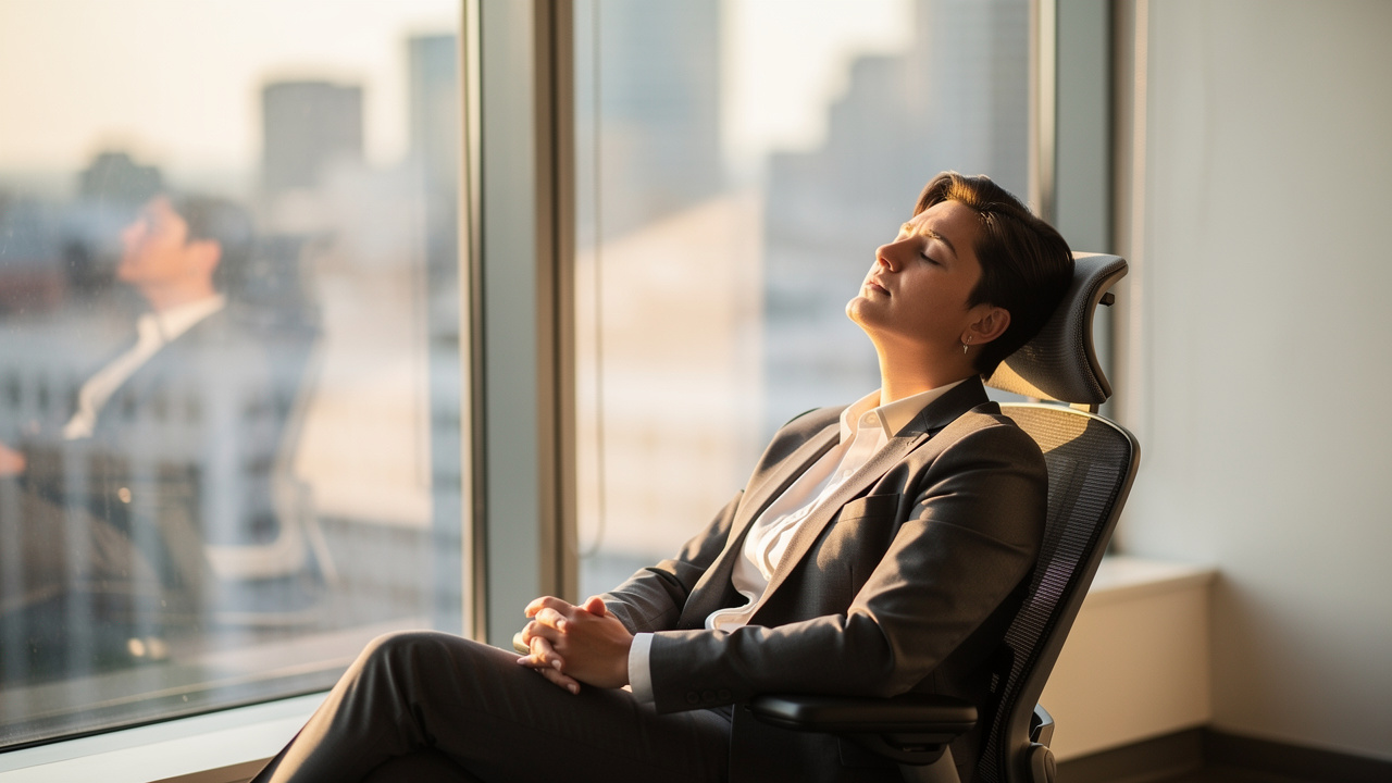 Profissional cansado descansando tranquilamente junto à janela de um escritório iluminado