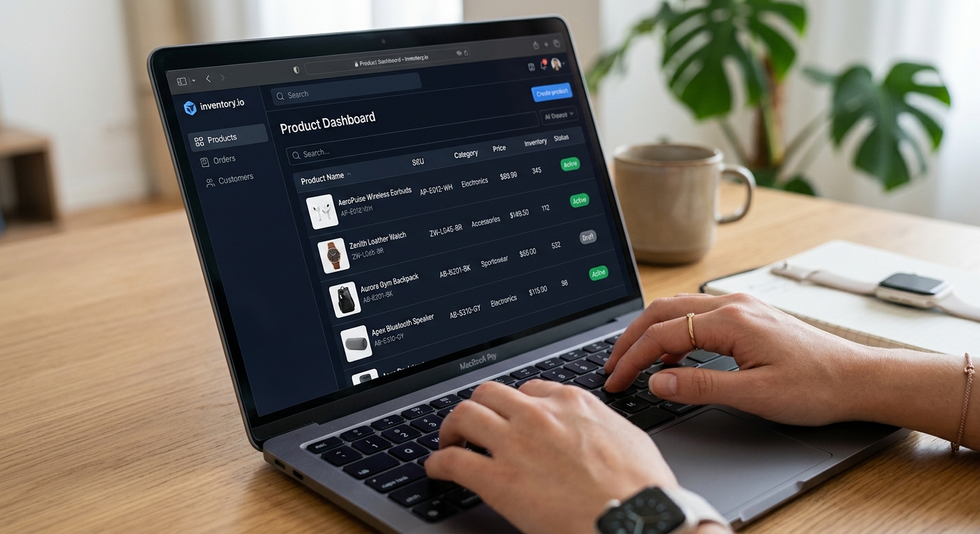 Mãos de uma pessoa digitando em um notebook com uma interface de cadastro de produtos na tela