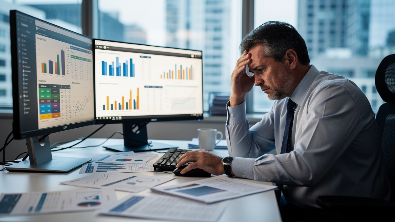 Gestor frustrado analisando gráficos desconectados em monitores em escritório corporativo