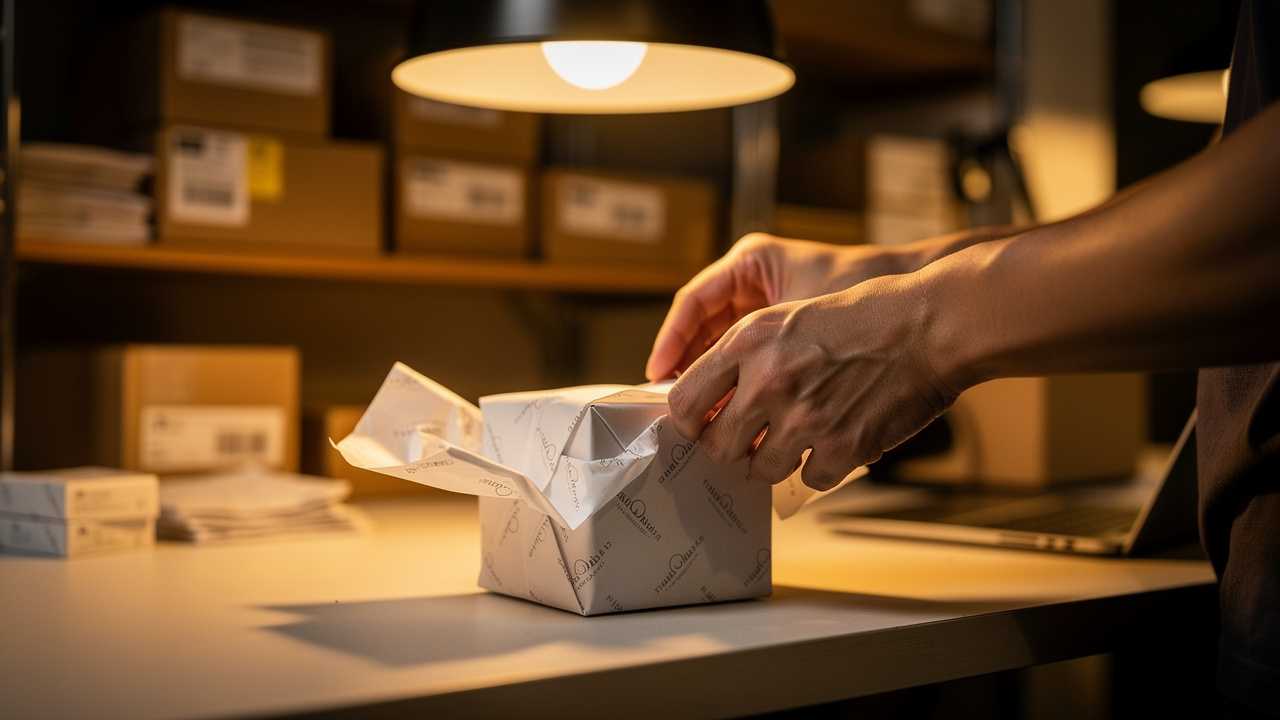 Mãos embalando produto com papel de seda em espaço de despacho de loja online