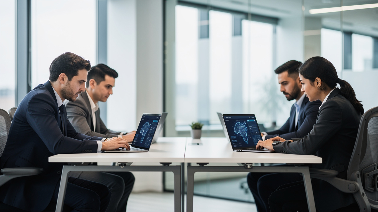 Duas equipes de negócios usando o mesmo software de IA em escritório moderno