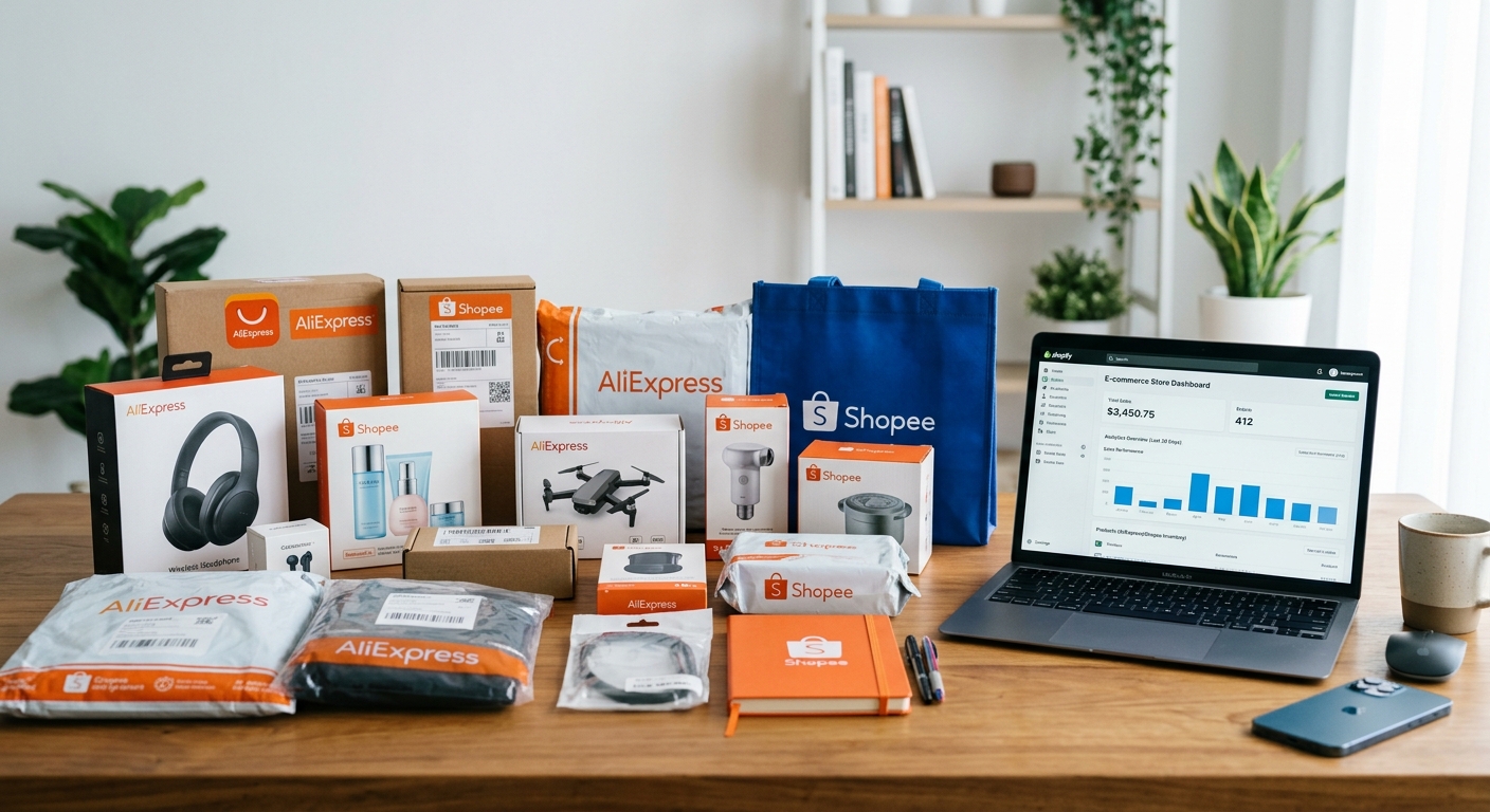 Produtos importados organizados ao lado de computador com painel de ecommerce aberto