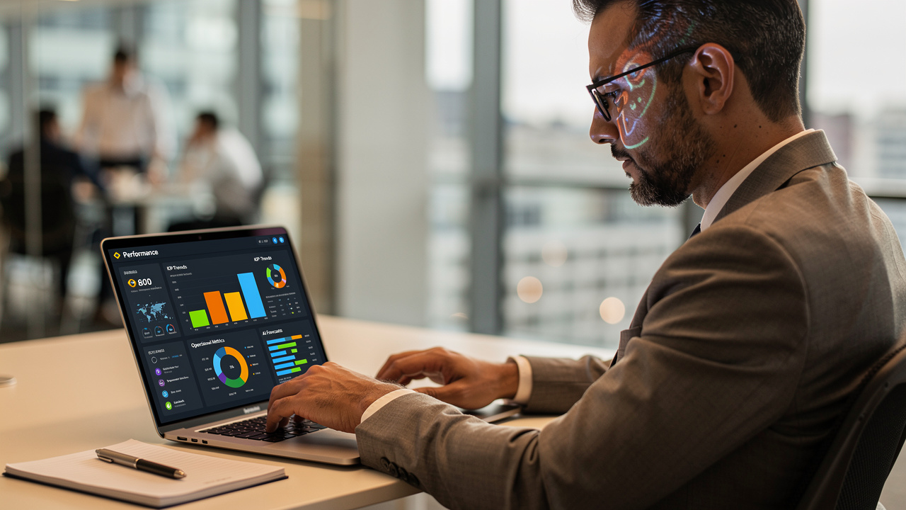 Gerente brasileiro revisando relatórios gerados por inteligência artificial em laptop com gráficos