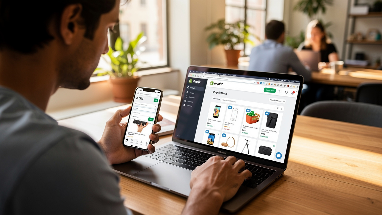 Empreendedor atualizando produtos em múltiplas plataformas ao mesmo tempo, com velocidade e sincronização automática