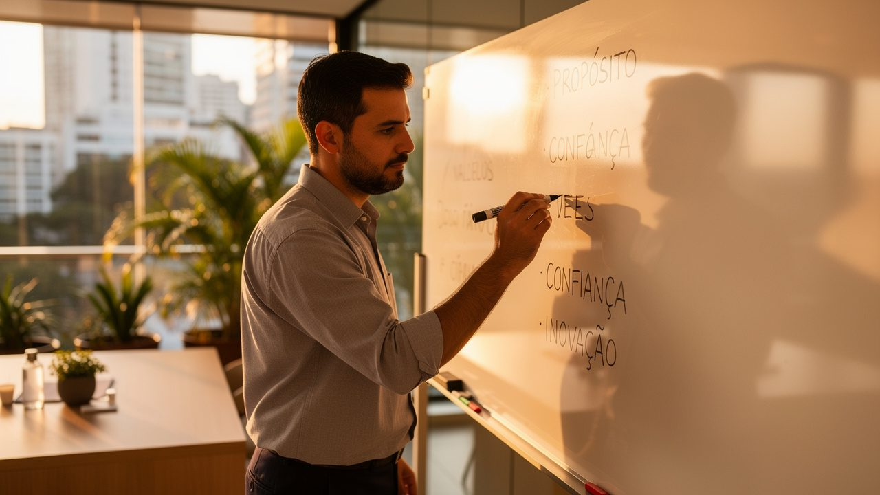 Empresária brasileira escrevendo valores de marca em quadro branco em escritório moderno