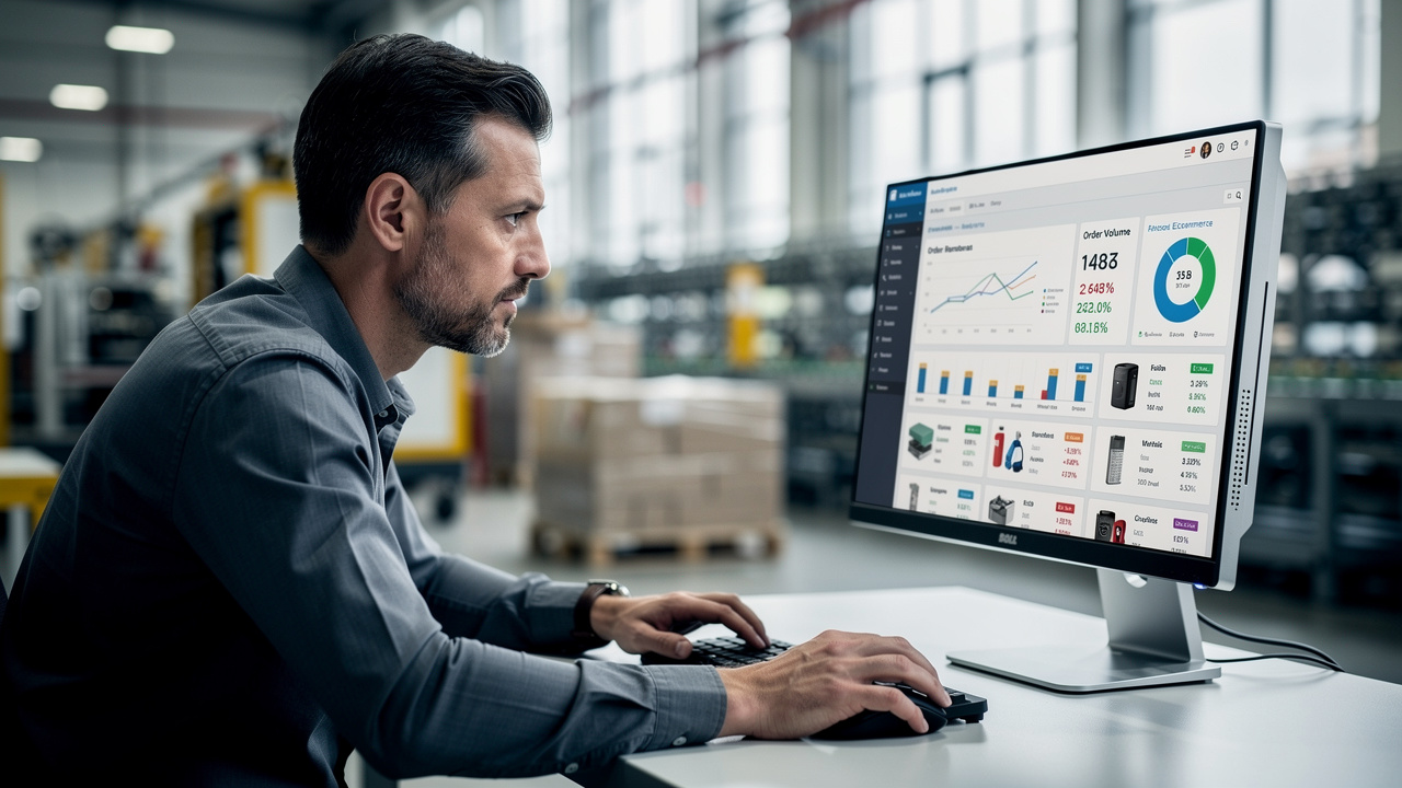 Gerente industrial analisando painel de ecommerce B2B em computador dentro de fábrica