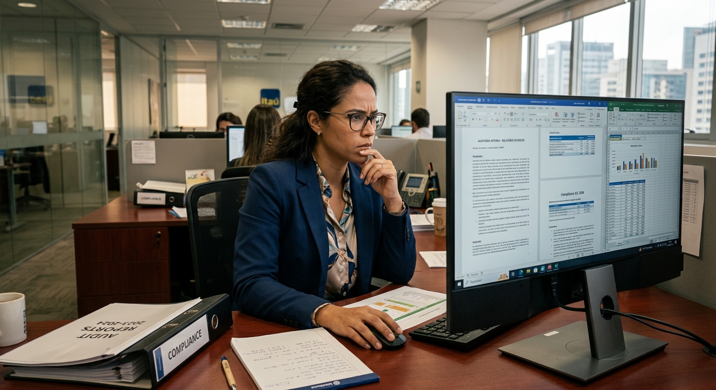 Analista financeiro revisando relatórios de auditoria interna em escritório corporativo