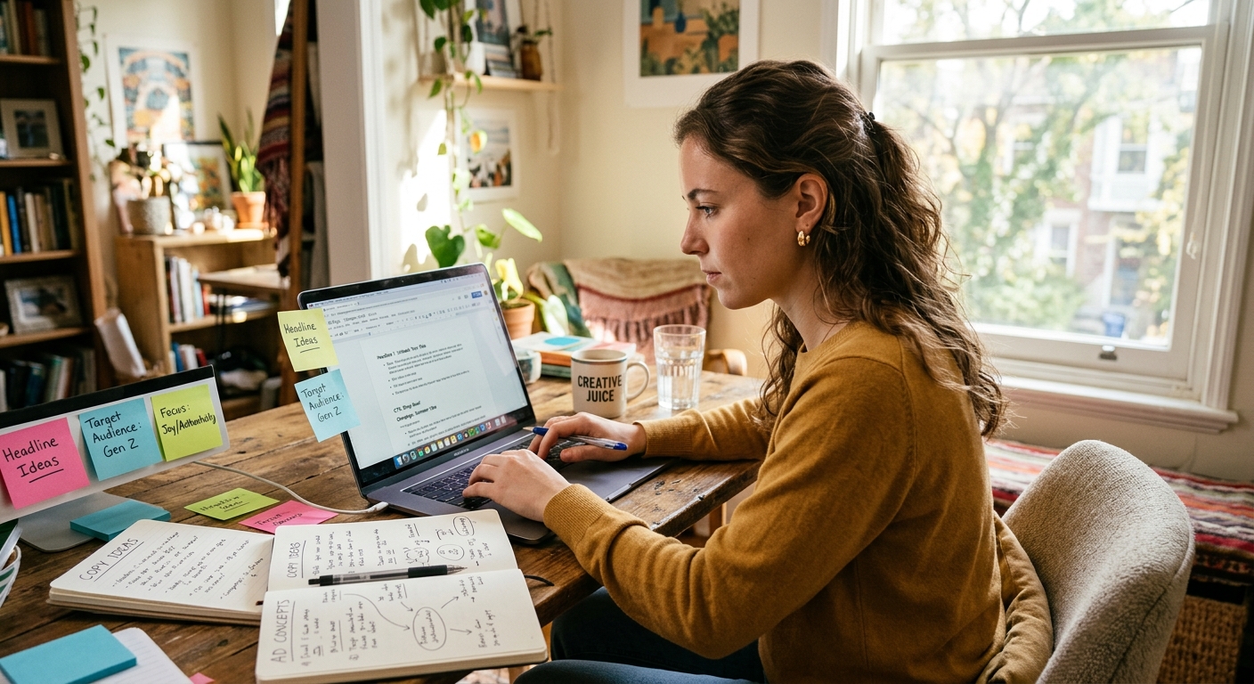 Mulher jovem brainstorming ideias de redação publicitária usando laptop com luz solar brilhante