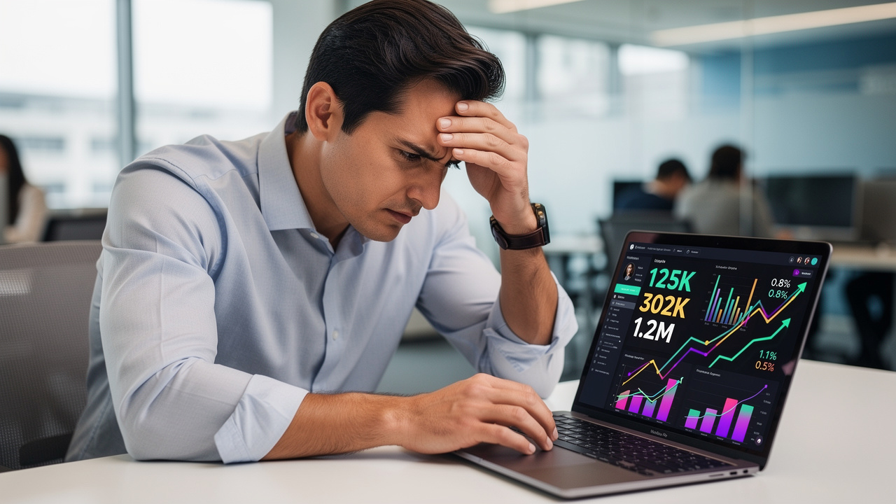 Gestor de marketing olhando gráficos coloridos no laptop com expressão de dúvida