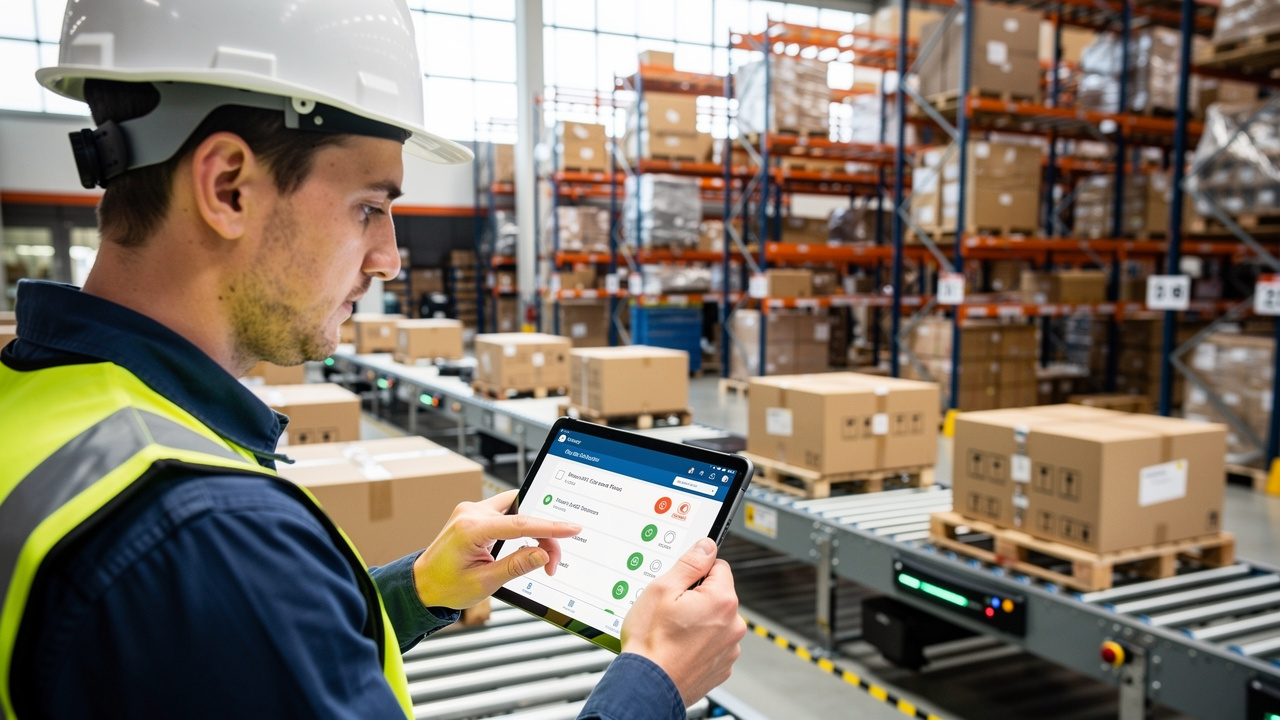 Operador industrial usando tablet para gerenciar pedidos B2B automatizados em galpão moderno
