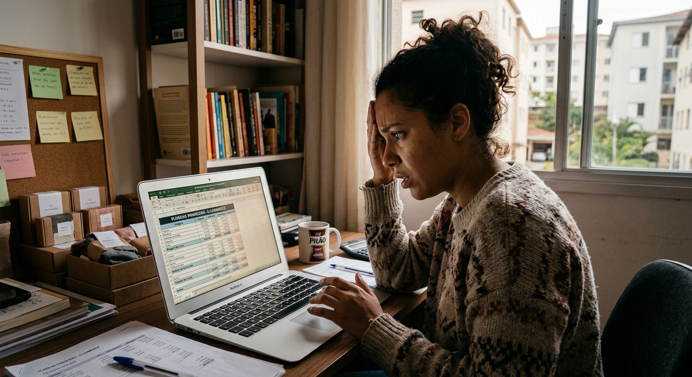 Empreendedor analisando planilha financeira do e-commerce em escritório doméstico com luz natural