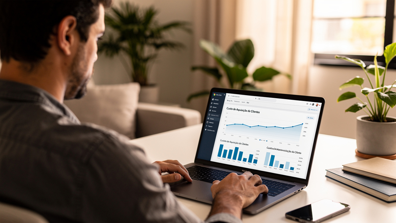 Gestor de e-commerce analisando um gráfico de custo de aquisição de clientes em seu notebook