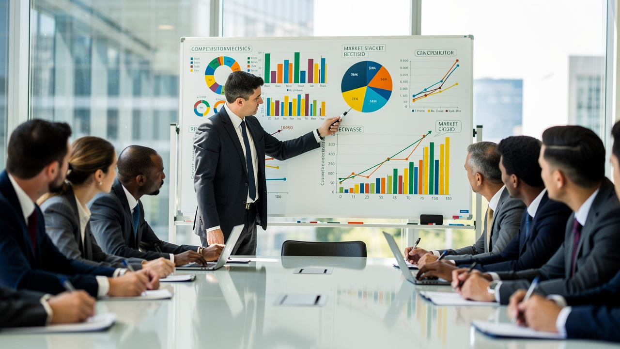 Executivos brasileiros analisando gráficos de concorrentes em sala de reunião