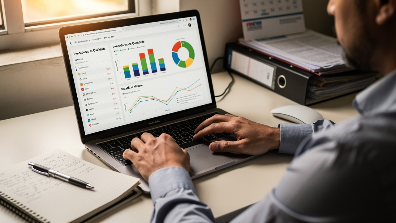 Analista de negócios revisando gráficos de qualidade e métricas em laptop no trabalho