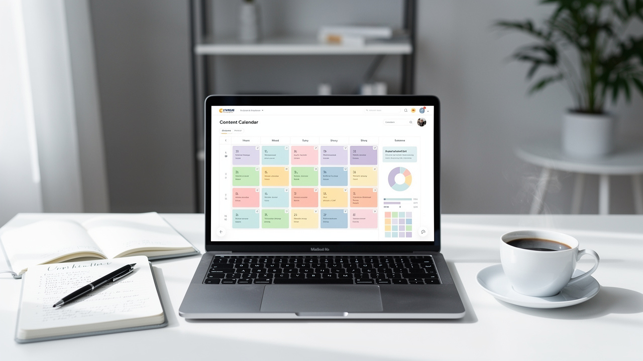 Mesa de trabalho organizada com um laptop exibindo um calendário de conteúdo em um painel digital.