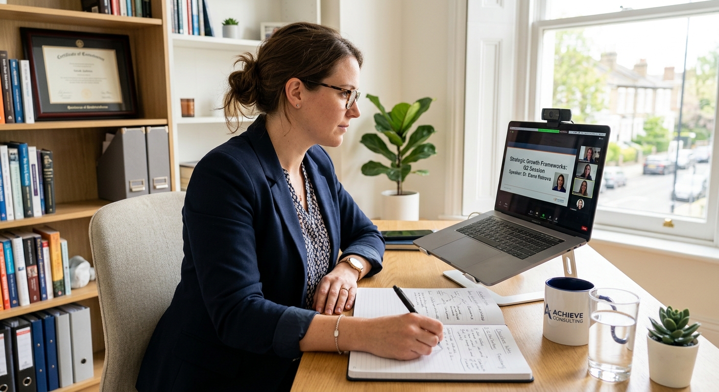 Consultor participando de uma sessão de treinamento virtual e anotando informações importantes