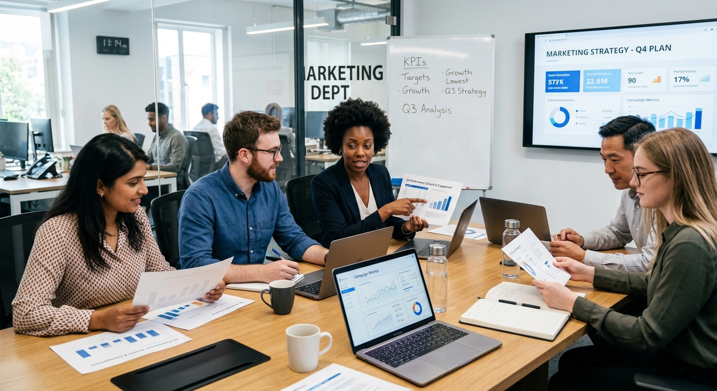 Reunião estratégica demonstrando a análise de resultados de campanhas de marketing com equipe diversificada
